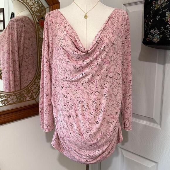 Mix It Pink & Brown Dotted Bubbly Pattern Cowl Neck Ruched Form Fitting Top XL - Picture 3 of 8